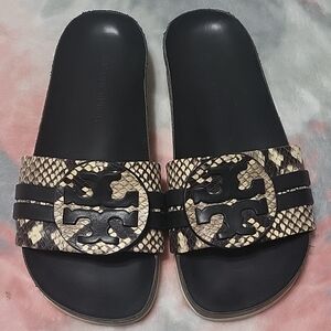Tory Burch Black and Brown Snake Print Sandals 7.5M